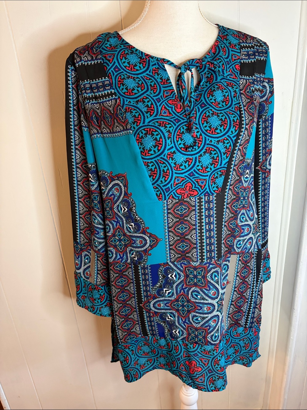 Olive Hill Patchwork Medallion Boho Tunic Blouse Size S